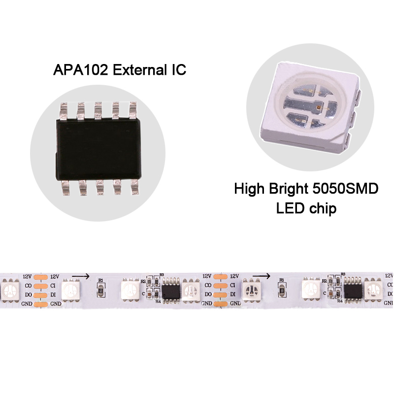 DC12V APA102 Addressable RGB Color Chasing LED Strip Light - Programmable External IC 60LEDs/m Flexible LED Tape Lights